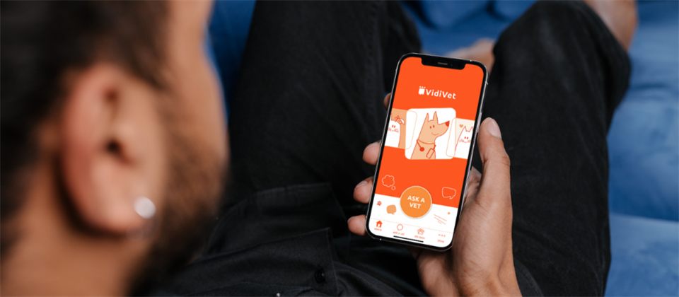 Owner with his dog using the VidiVet app home screen